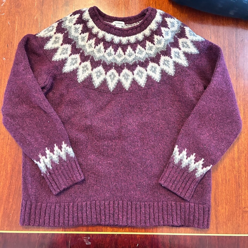 LL Bean Classic Ragg Wool Sweater Fair Isle Crewneck lambs wool burgundy size M